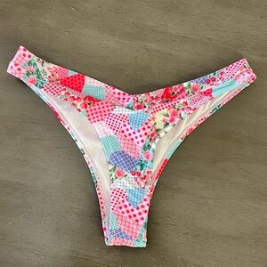 ROMWE Pink & Red Rose Hibiscus Floral Patchwork Thong Polka Dot Bikini Bottoms L